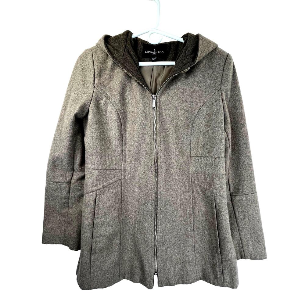 London Fog women's wool blend hooded coat in taupe, size S